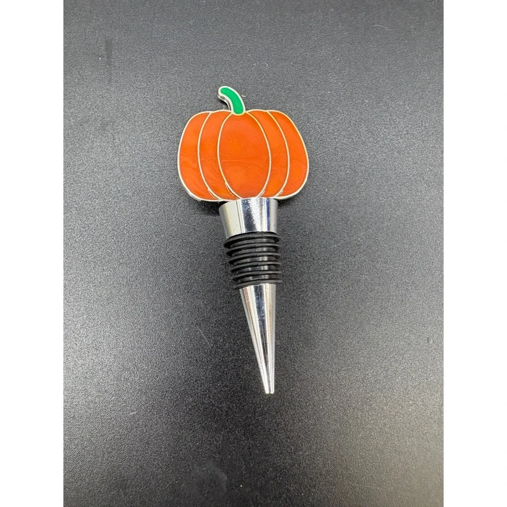 Orange Pumpkin Wine Bottle Stopper Silver Tone Metal Fall Thanksgiving Decor